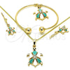 Oro Laminado Necklace, Bracelet, Earring and Ring, Gold Filled Style Turtle Design, with White Crystal, Turquoise Enamel Finish, Golden Finish, 10.63.0589.1