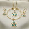 Oro Laminado Necklace, Bracelet, Earring and Ring, Gold Filled Style Turtle Design, with White Crystal, Turquoise Enamel Finish, Golden Finish, 10.63.0589.1