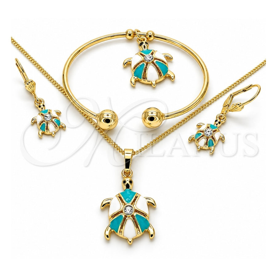 Oro Laminado Necklace, Bracelet, Earring and Ring, Gold Filled Style Turtle Design, with White Crystal, Turquoise Enamel Finish, Golden Finish, 10.63.0589.1