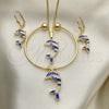 Oro Laminado Necklace, Bracelet, Earring and Ring, Gold Filled Style Dolphin Design, with White Crystal, Blue Enamel Finish, Golden Finish, 10.63.0590.1