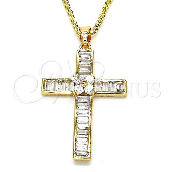 Oro Laminado Pendant Necklace, Gold Filled Style Cross and Baguette Design, with White Cubic Zirconia, Polished, Golden Finish, 04.210.0031.18 (02 MM Thickness, 20 Inches Length)