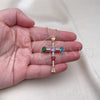 Oro Laminado Pendant Necklace, Gold Filled Style Cross and Teardrop Design, with Multicolor Cubic Zirconia, Polished, Golden Finish, 04.210.0032.18 (01 MM Thickness, 18 Inches Length)