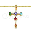 Oro Laminado Pendant Necklace, Gold Filled Style Cross and Teardrop Design, with Multicolor Cubic Zirconia, Polished, Golden Finish, 04.210.0032.18 (01 MM Thickness, 18 Inches Length)