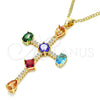 Oro Laminado Pendant Necklace, Gold Filled Style Cross and Teardrop Design, with Multicolor Cubic Zirconia, Polished, Golden Finish, 04.210.0032.18 (01 MM Thickness, 18 Inches Length)