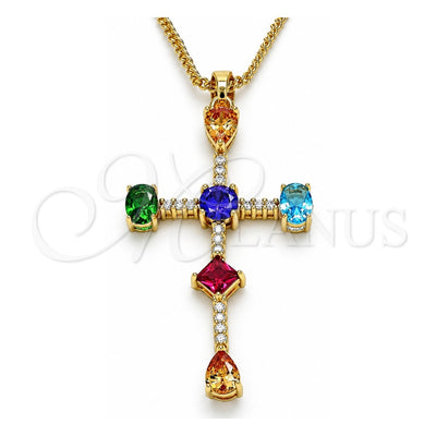 Oro Laminado Pendant Necklace, Gold Filled Style Cross and Teardrop Design, with Multicolor Cubic Zirconia, Polished, Golden Finish, 04.210.0032.18 (01 MM Thickness, 18 Inches Length)