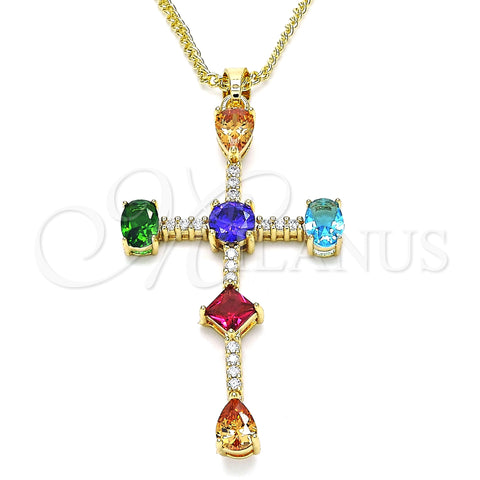 Oro Laminado Pendant Necklace, Gold Filled Style Cross and Teardrop Design, with Multicolor Cubic Zirconia, Polished, Golden Finish, 04.210.0032.18 (01 MM Thickness, 18 Inches Length)