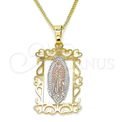Oro Laminado Pendant Necklace, Gold Filled Style Guadalupe Design, Polished, Tricolor, 04.106.0058.20 (02 MM Thickness, 20 Inches Length)