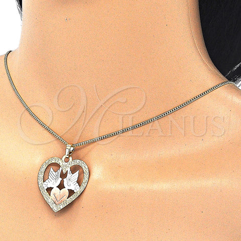 Oro Laminado Pendant Necklace, Gold Filled Style Heart and Bird Design, Polished, Tricolor, 04.106.0060.20 (02 MM Thickness, 20 Inches Length)