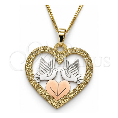 Oro Laminado Pendant Necklace, Gold Filled Style Heart and Bird Design, Polished, Tricolor, 04.106.0060.20 (02 MM Thickness, 20 Inches Length)