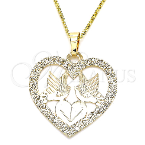 Oro Laminado Pendant Necklace, Gold Filled Style Heart and Bird Design, Polished, Golden Finish, 04.106.0060.1.20 (02 MM Thickness, 20 Inches Length)