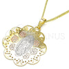 Oro Laminado Pendant Necklace, Gold Filled Style Guadalupe and Flower Design, Polished, Tricolor, 04.106.0048.20 (02 MM Thickness, 20 Inches Length)