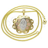 Oro Laminado Pendant Necklace, Gold Filled Style Guadalupe and Flower Design, Polished, Tricolor, 04.106.0048.20 (02 MM Thickness, 20 Inches Length)