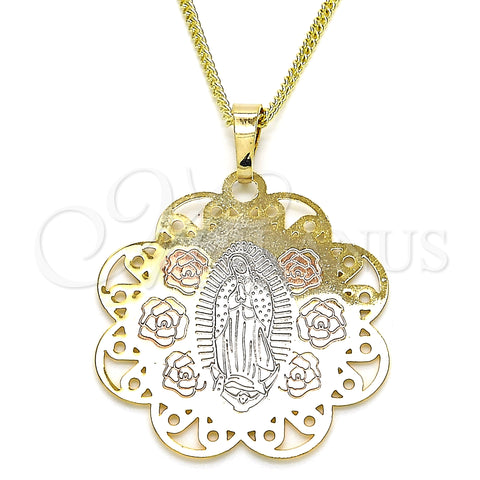 Oro Laminado Pendant Necklace, Gold Filled Style Guadalupe and Flower Design, Polished, Tricolor, 04.106.0048.20 (02 MM Thickness, 20 Inches Length)