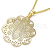 Oro Laminado Pendant Necklace, Gold Filled Style Guadalupe and Flower Design, Polished, Golden Finish, 04.106.0048.1.20 (02 MM Thickness, 20 Inches Length)