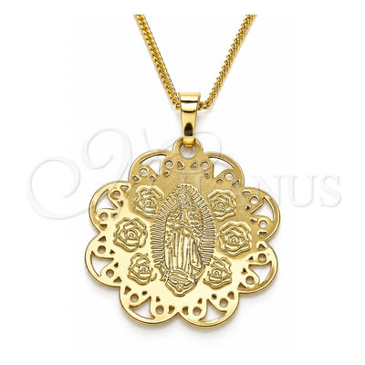Oro Laminado Pendant Necklace, Gold Filled Style Guadalupe and Flower Design, Polished, Golden Finish, 04.106.0048.1.20 (02 MM Thickness, 20 Inches Length)