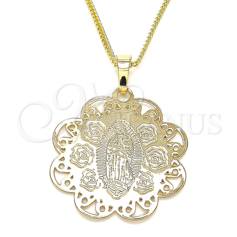 Oro Laminado Pendant Necklace, Gold Filled Style Guadalupe and Flower Design, Polished, Golden Finish, 04.106.0048.1.20 (02 MM Thickness, 20 Inches Length)