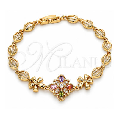 Oro Laminado Fancy Bracelet, Gold Filled Style Flower Design, with Multicolor Cubic Zirconia, Polished, Golden Finish, 03.323.0010.08 (06 MM Thickness, 8 Inches Length)