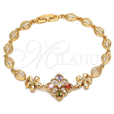 Oro Laminado Fancy Bracelet, Gold Filled Style Flower Design, with Multicolor Cubic Zirconia, Polished, Golden Finish, 03.323.0010.08 (06 MM Thickness, 8 Inches Length)