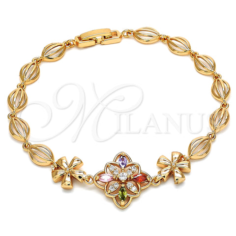 Oro Laminado Fancy Bracelet, Gold Filled Style Flower Design, with Multicolor Cubic Zirconia, Polished, Golden Finish, 03.323.0010.08 (06 MM Thickness, 8 Inches Length)
