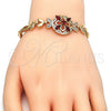 Oro Laminado Fancy Bracelet, Gold Filled Style Flower and Fish Design, with Garnet and White Cubic Zirconia, Polished, Golden Finish, 03.266.0029.07 (05 MM Thickness, 7 Inches Length)