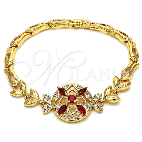 Oro Laminado Fancy Bracelet, Gold Filled Style Flower and Fish Design, with Garnet and White Cubic Zirconia, Polished, Golden Finish, 03.266.0029.07 (05 MM Thickness, 7 Inches Length)