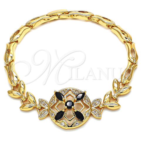 Oro Laminado Fancy Bracelet, Gold Filled Style Flower and Fish Design, with Black and White Cubic Zirconia, Polished, Golden Finish, 03.266.0029.1.07 (05 MM Thickness, 7 Inches Length)
