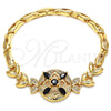 Oro Laminado Fancy Bracelet, Gold Filled Style Flower and Fish Design, with Black and White Cubic Zirconia, Polished, Golden Finish, 03.266.0029.1.07 (05 MM Thickness, 7 Inches Length)