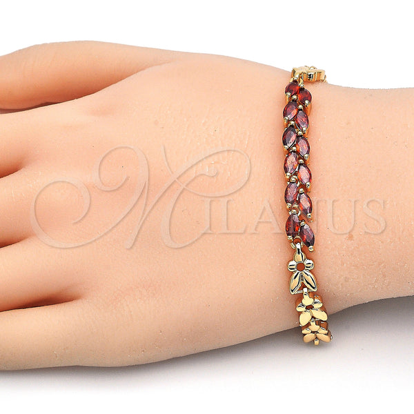 Gold Filled Bracelet — Fancy Bracelet Leaf Design with Garnet Cubic Zirconia — alternate product view — SKU 126840 | Oro Laminado brazalete — elegante Bracelet Leaf diseño with Garnet Cubic Zirconia — SKU 126840