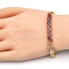 Oro Laminado Fancy Bracelet, Gold Filled Style Leaf Design, with Garnet Cubic Zirconia, Polished, Golden Finish, 03.210.0093.07 (07 MM Thickness, 7 Inches Length)