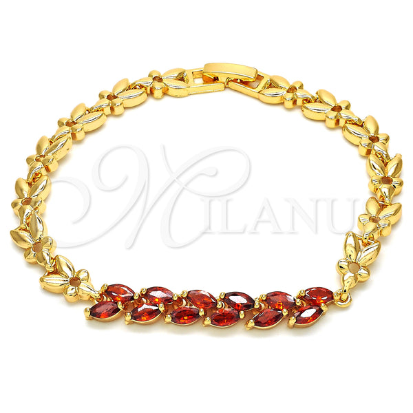 Gold Filled Bracelet — Fancy Bracelet Leaf Design with Garnet Cubic Zirconia — main product view — SKU 126840 | Oro Laminado brazalete — elegante Bracelet Leaf diseño with Garnet Cubic Zirconia — SKU 126840