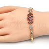 Oro Laminado Fancy Bracelet, Gold Filled Style Flower and Leaf Design, with Garnet and White Cubic Zirconia, Polished, Golden Finish, 03.210.0094.08 (07 MM Thickness, 8 Inches Length)