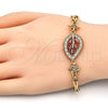 Oro Laminado Fancy Bracelet, Gold Filled Style Leaf and Fish Design, with Garnet and White Cubic Zirconia, Polished, Golden Finish, 03.210.0095.1.08 (05 MM Thickness, 8 Inches Length)