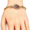 Oro Laminado Fancy Bracelet, Gold Filled Style Leaf and Fish Design, with Garnet and White Cubic Zirconia, Polished, Golden Finish, 03.210.0095.1.08 (05 MM Thickness, 8 Inches Length)