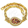 Oro Laminado Fancy Bracelet, Gold Filled Style Leaf and Fish Design, with Garnet and White Cubic Zirconia, Polished, Golden Finish, 03.210.0095.1.08 (05 MM Thickness, 8 Inches Length)