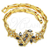 Oro Laminado Fancy Bracelet, Gold Filled Style Leaf and Fish Design, with Black and White Cubic Zirconia, Polished, Golden Finish, 03.210.0097.08 (05 MM Thickness, 8 Inches Length)