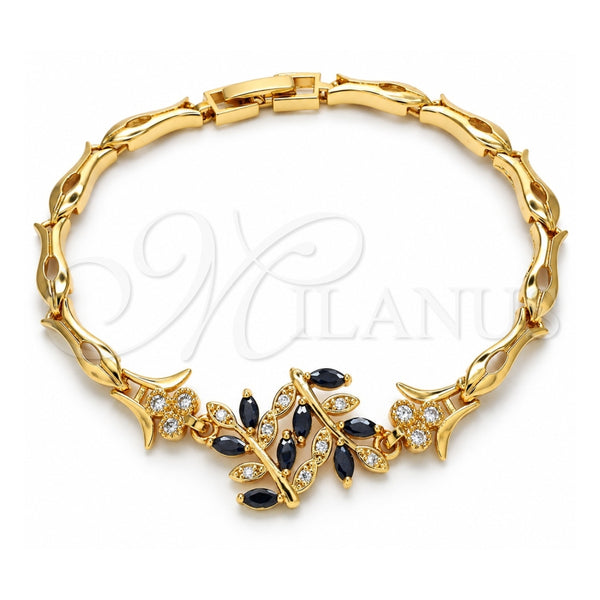 Oro Laminado Fancy Bracelet, Gold Filled Style Leaf and Fish Design, with Black and White Cubic Zirconia, Polished, Golden Finish, 03.210.0097.08 (05 MM Thickness, 8 Inches Length)