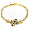 Oro Laminado Fancy Bracelet, Gold Filled Style Leaf and Fish Design, with Black and White Cubic Zirconia, Polished, Golden Finish, 03.210.0097.08 (05 MM Thickness, 8 Inches Length)