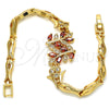 Oro Laminado Fancy Bracelet, Gold Filled Style Leaf and Fish Design, with Garnet and White Cubic Zirconia, Polished, Golden Finish, 03.210.0097.1.08 (05 MM Thickness, 8 Inches Length)
