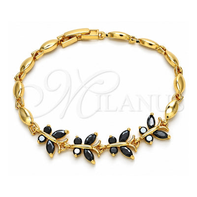 Oro Laminado Fancy Bracelet, Gold Filled Style Butterfly Design, with Black Cubic Zirconia, Polished, Golden Finish, 03.210.0098.07 (04 MM Thickness, 7 Inches Length)