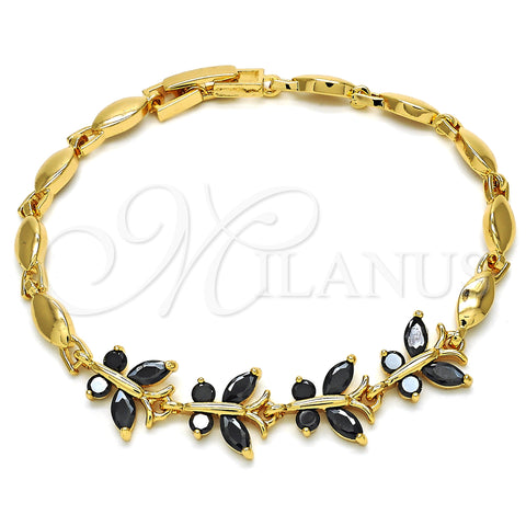 Oro Laminado Fancy Bracelet, Gold Filled Style Butterfly Design, with Black Cubic Zirconia, Polished, Golden Finish, 03.210.0098.07 (04 MM Thickness, 7 Inches Length)