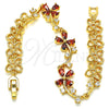 Oro Laminado Fancy Bracelet, Gold Filled Style Flower Design, with Garnet and White Cubic Zirconia, Polished, Golden Finish, 03.210.0107.1.07 (10 MM Thickness, 7 Inches Length)