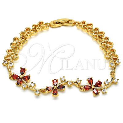 Oro Laminado Fancy Bracelet, Gold Filled Style Flower Design, with Garnet and White Cubic Zirconia, Polished for wholesale, main product view