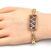 Oro Laminado Fancy Bracelet, Gold Filled Style Greek Key and Teardrop Design, with Garnet and White Cubic Zirconia, Polished, Golden Finish, 03.210.0109.1.07 (07 MM Thickness, 7 Inches Length)