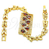 Oro Laminado Fancy Bracelet, Gold Filled Style Greek Key and Teardrop Design, with Garnet and White Cubic Zirconia, Polished, Golden Finish, 03.210.0109.1.07 (07 MM Thickness, 7 Inches Length)