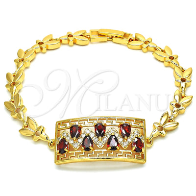 Oro Laminado Fancy Bracelet, Gold Filled Style Greek Key and Teardrop Design, with Garnet and White Cubic for wholesale, main product view