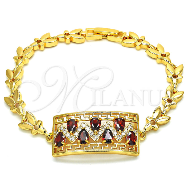 Oro Laminado Fancy Bracelet, Gold Filled Style Greek Key and Teardrop Design, with Garnet and White Cubic Zirconia, Polished, Golden Finish, 03.210.0109.1.07 (07 MM Thickness, 7 Inches Length)