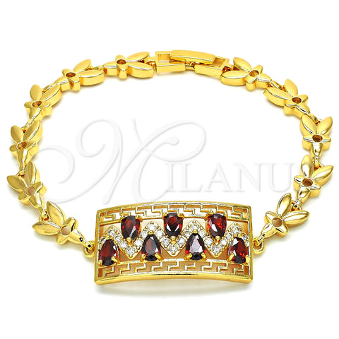Oro Laminado Fancy Bracelet, Gold Filled Style Greek Key and Teardrop Design, with Garnet and White Cubic Zirconia, Polished, Golden Finish, 03.210.0109.1.07 (07 MM Thickness, 7 Inches Length)