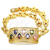 Oro Laminado Fancy Bracelet, Gold Filled Style Greek Key and Teardrop Design, with Multicolor Cubic Zirconia, Polished, Golden Finish, 03.210.0109.2.07 (07 MM Thickness, 7 Inches Length)