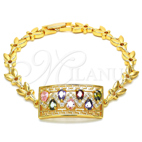 Oro Laminado Fancy Bracelet, Gold Filled Style Greek Key and Teardrop Design, with Multicolor Cubic Zirconia, Polished, Golden Finish, 03.210.0109.2.07 (07 MM Thickness, 7 Inches Length)