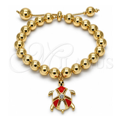 Oro Laminado Adjustable Bolo Bracelet, Gold Filled Style Turtle and Ball Design, with White Crystal, Red Enamel Finish, Golden Finish, 03.63.2034.08 (08 MM Thickness, 8 Inches Length)